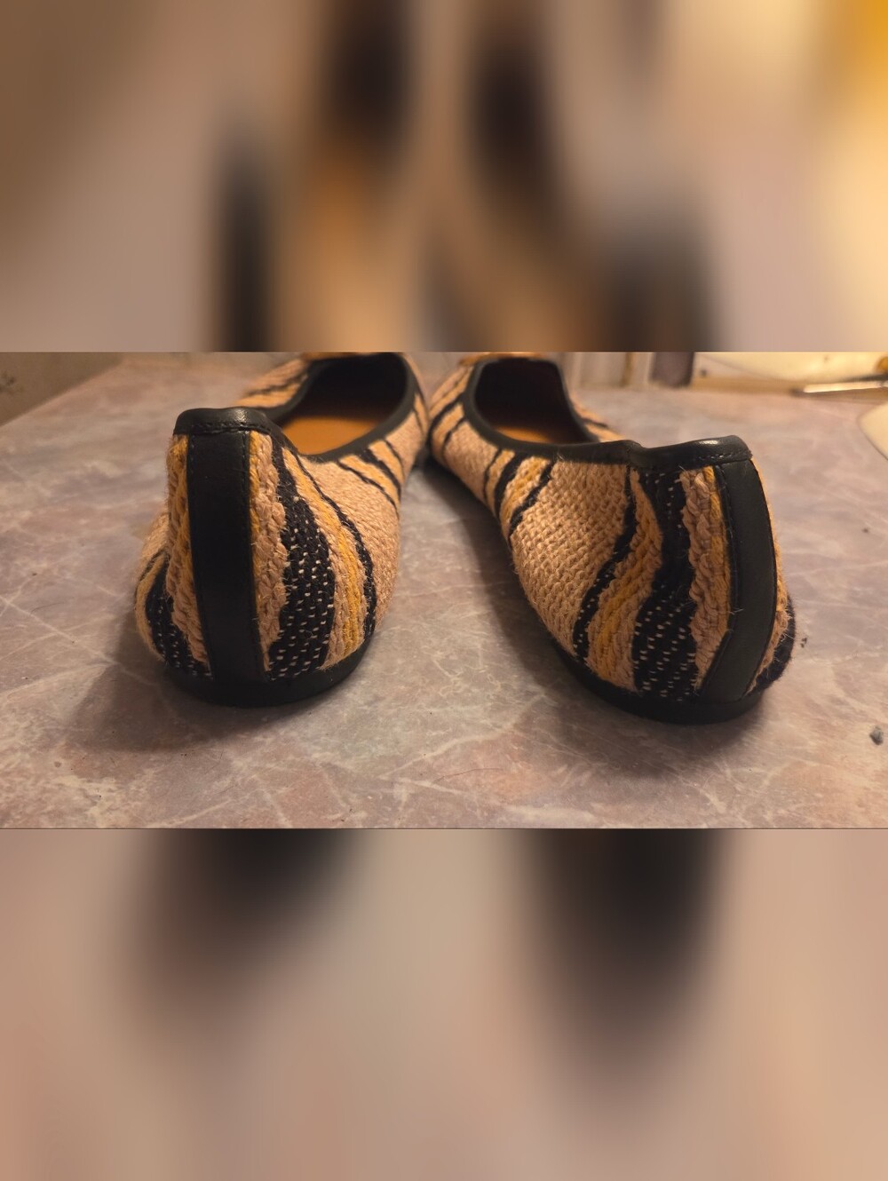 Tory Burch Black & Tan Striped Canvas Ballet Flats with Logo Medallion - Picture 3 of 6